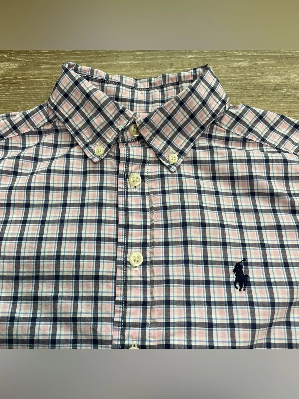 Ralph Lauren Boys 8 S Pink & Navy Blue Plaid Shirt Long Sleeve Button Down Pony